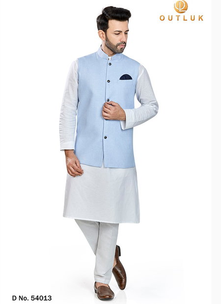 Sky Blue Colour Outluk Vol 54 Festive Wear Linen Blend Kurta Pajama With Jacket Mens Collection 54013